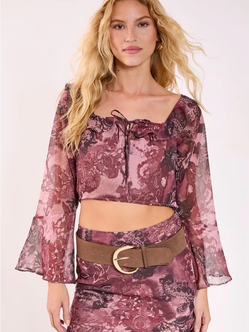 Nasty Gal Mauve Floral Ruffled Tie-Front Crop Top